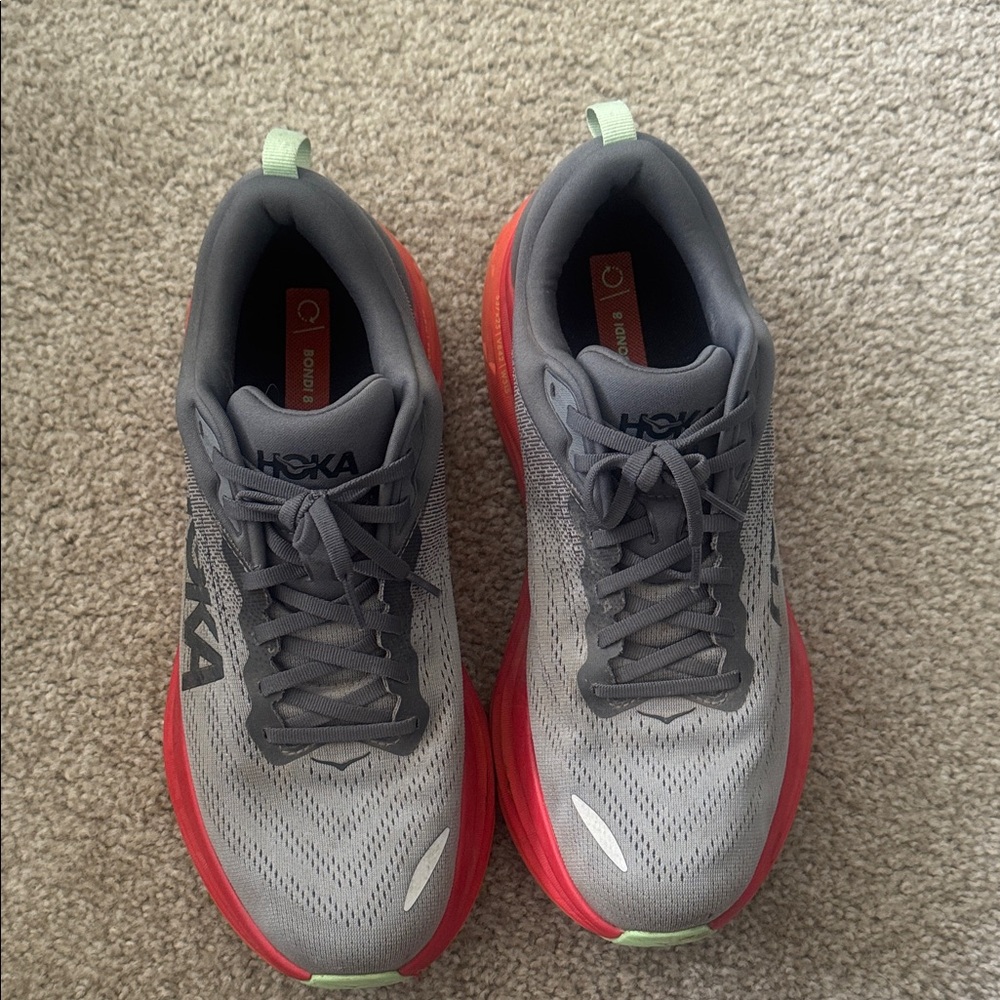 Men’s Hoka Bondi 8 Gray Running shoes with Bright Red-Orange Midsoles - Picture 6 of 7